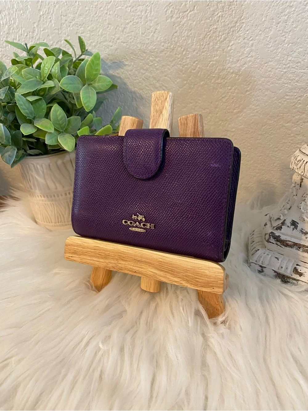 Coach Eggplant Purple Leather Snap-Closure Wallet with Gold Logo